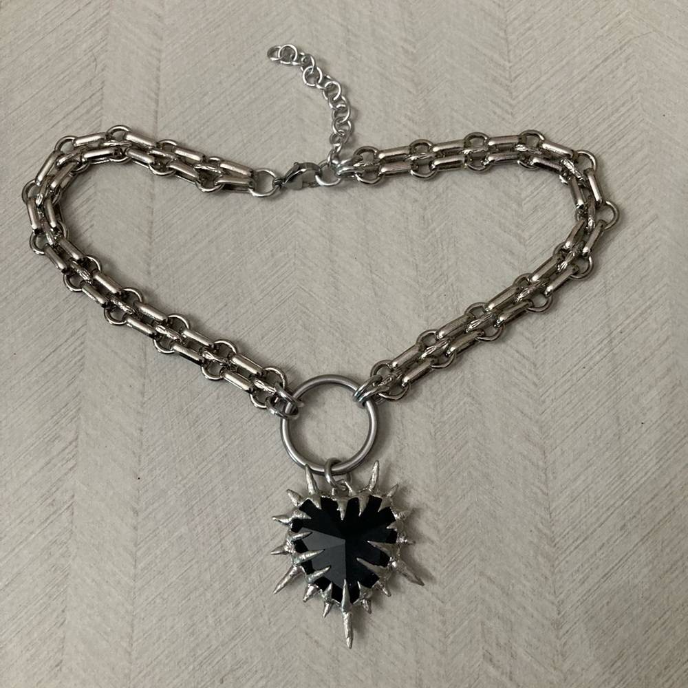 Thick Black onyx stone spike st valentine gothic heart stainless steel chain - Picture 8 of 8